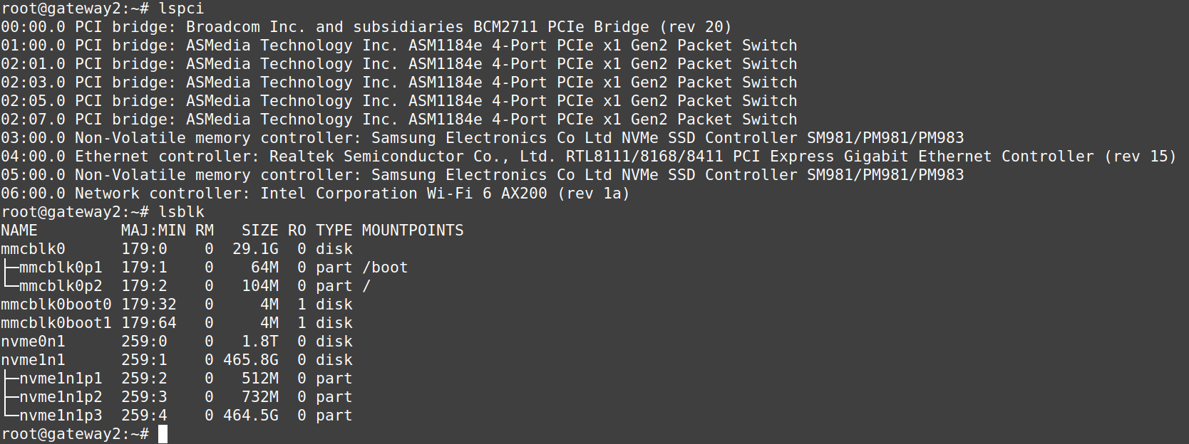 CM4-WRT-A lsblk and lspci output